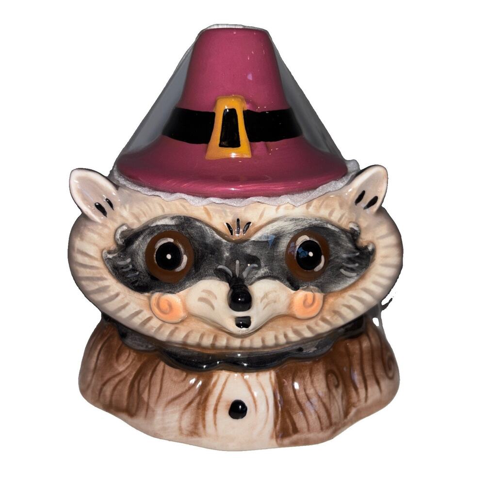 Johanna Parker Raccoon Thanksgiving Pilgrim Hat Small Jar Lid Candy Dish NEW